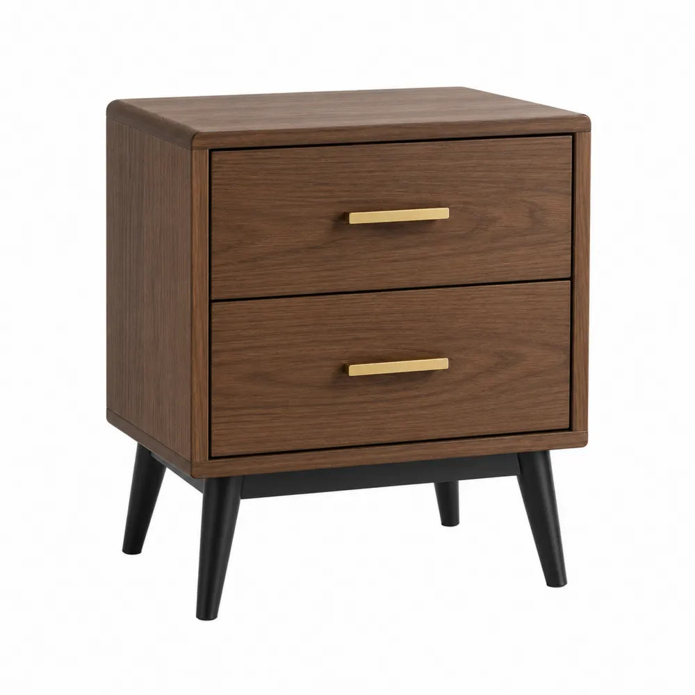 Comodino due cassetti MDF effetto noce 55 x 45 x 40 cm gambe acciaio nero maniglie metallo dorato