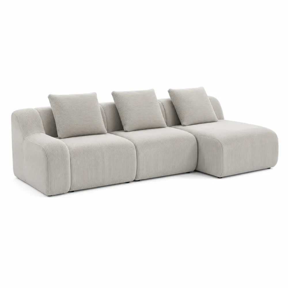 Divano modulare con chaise longue in tessuto a coste grigio chiaro struttura in legno multistrato e metallo dimensioni 260 cm 95 cm 70 cm
