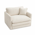 Poltrona divano imbottita in tessuto bouclé beige con struttura in legno e cuscino rimovibile design moderno