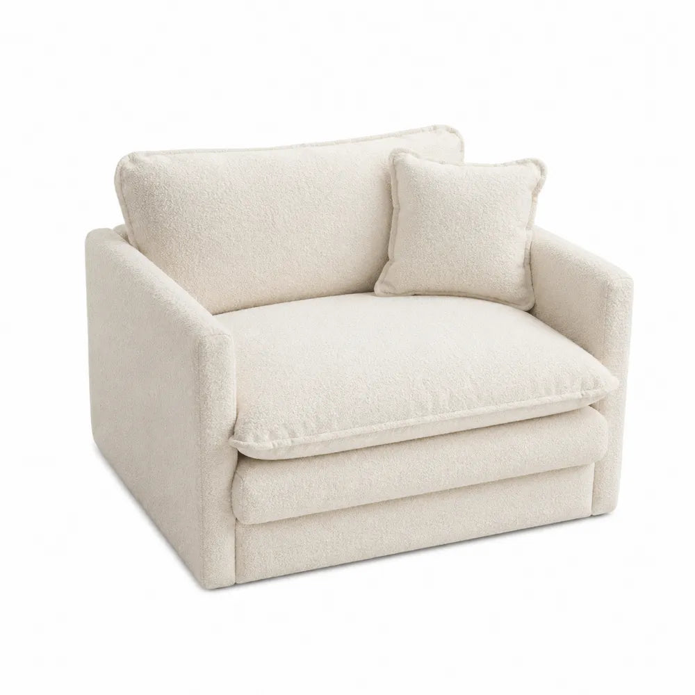 Poltrona divano imbottita in tessuto bouclé beige con struttura in legno e cuscino rimovibile design moderno