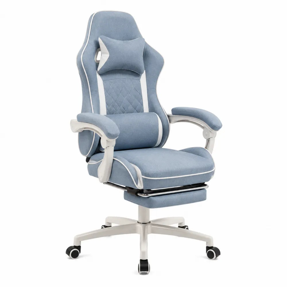 Sedia da ufficio ergonomica girevole in tessuto blu e bianco con braccioli imbottiti e base a stella con ruote regolabile in altezza