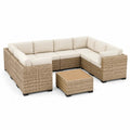 Set divano da esterno modulare in rattan sintetico PE con cuscini beige e tavolino con piano in legno struttura in alluminio