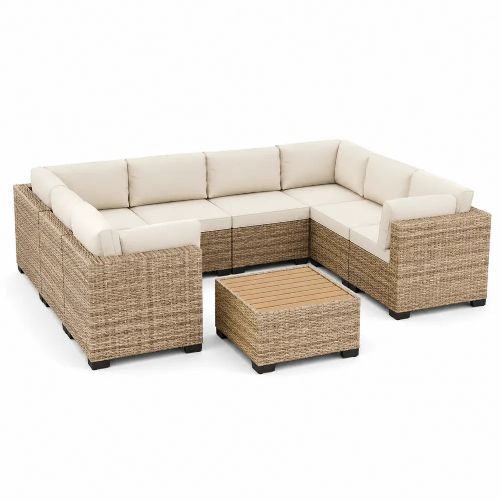 Set divano da esterno modulare in rattan sintetico PE con cuscini beige e tavolino con piano in legno struttura in alluminio