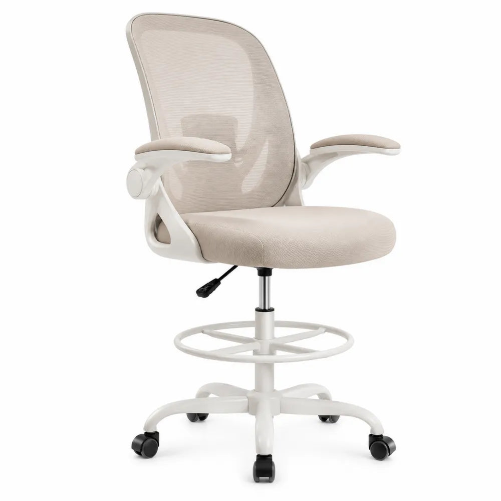 Sedia da ufficio ergonomica con schienale in rete e anello poggiapiedi base girevole bianca con ruote e regolazione altezza colore beige e bianco