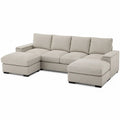 Divano modulare con doppia chaise in tessuto poliestere beige struttura in legno multistrato e imbottitura in schiuma