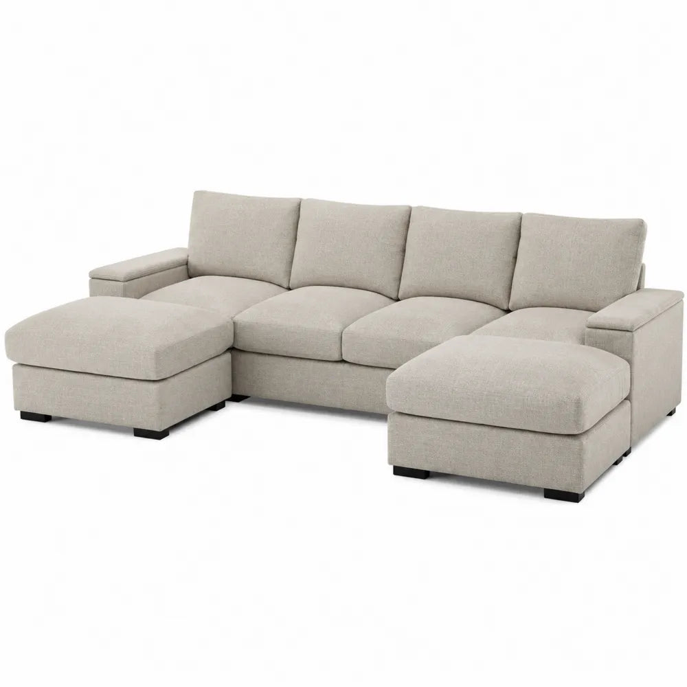 Divano modulare con doppia chaise in tessuto poliestere beige struttura in legno multistrato e imbottitura in schiuma