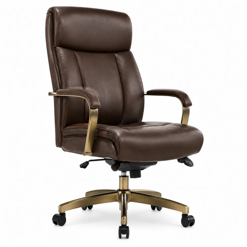 Sedia da ufficio direzionale 68 x 70 x 110-115 cm in pelle PU marrone con struttura in metallo dorato base girevole a 5 razze con ruote e regolazione altezza