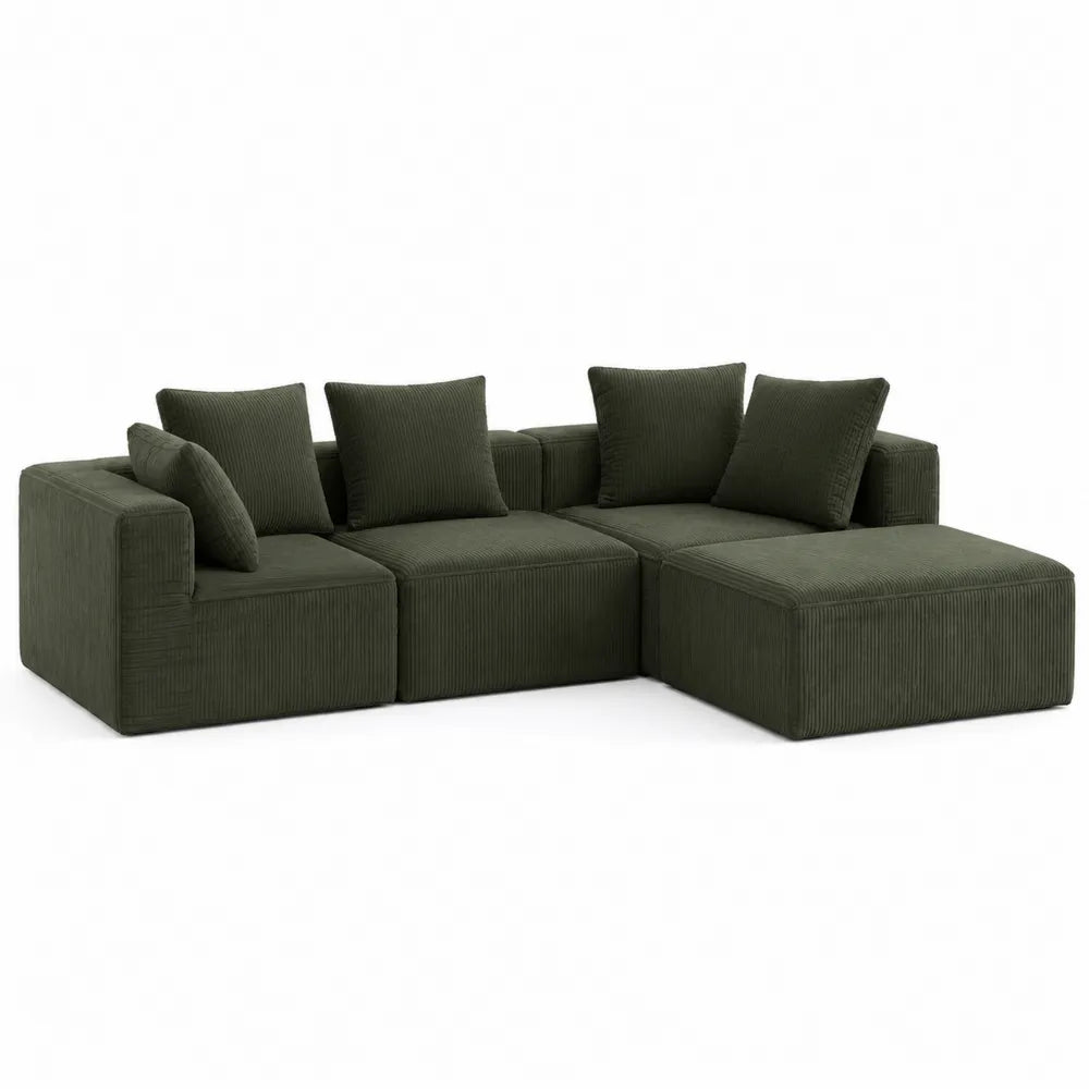 Divano modulare con chaise longue laterale in velluto a coste poliestere verde oliva struttura in legno multistrato dimensioni 270 cm x 100 cm x 85 cm