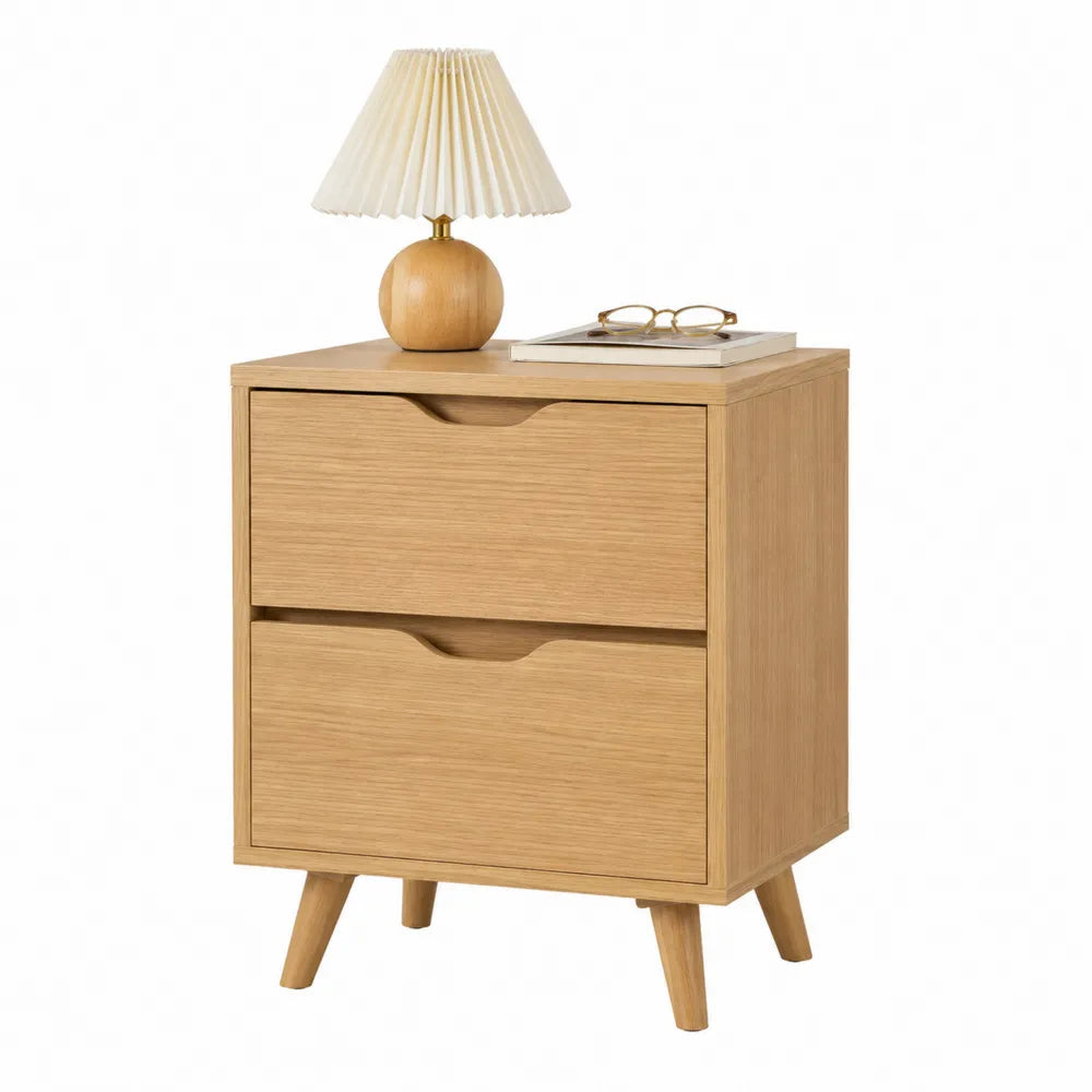 Comodino con 2 cassetti in MDF effetto rovere chiaro con gambe in legno struttura moderna 50 x 40 x 55 cm circa