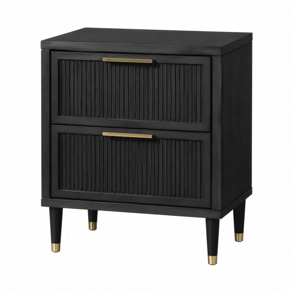 Comodino due cassetti MDF melaminico nero gambe metallo nero con dettagli oro maniglie metallo dorato struttura rettangolare