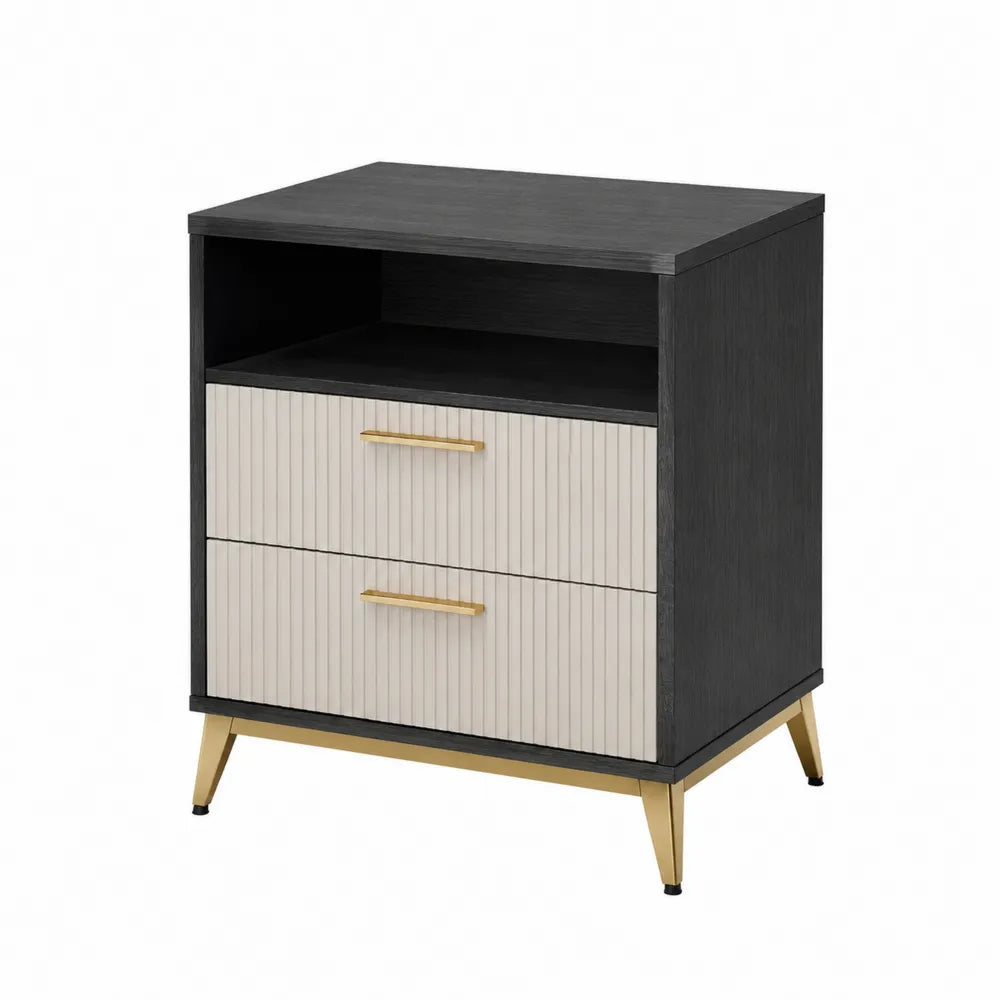 Comodino con 2 cassetti 50 cm x 40 cm x 55 cm in MDF nero e beige con ripiano aperto e gambe in metallo dorato