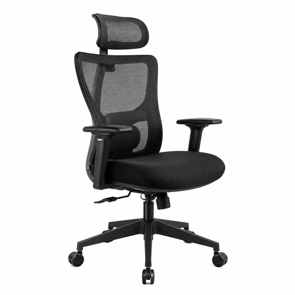 Sedia da ufficio ergonomica 65 x 65 x 118-128 cm in rete nera con poggiatesta braccioli regolabili base girevole a cinque razze con ruote