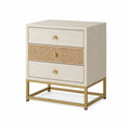 Comodino con 3 cassetti struttura in MDF rivestimento effetto legno chiaro e rattan sintetico gambe in metallo dorato 45x40x55 cm