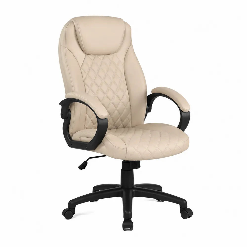 Sedia da ufficio girevole regolabile in altezza in pelle PU beige con braccioli neri e base a stella nera con ruote