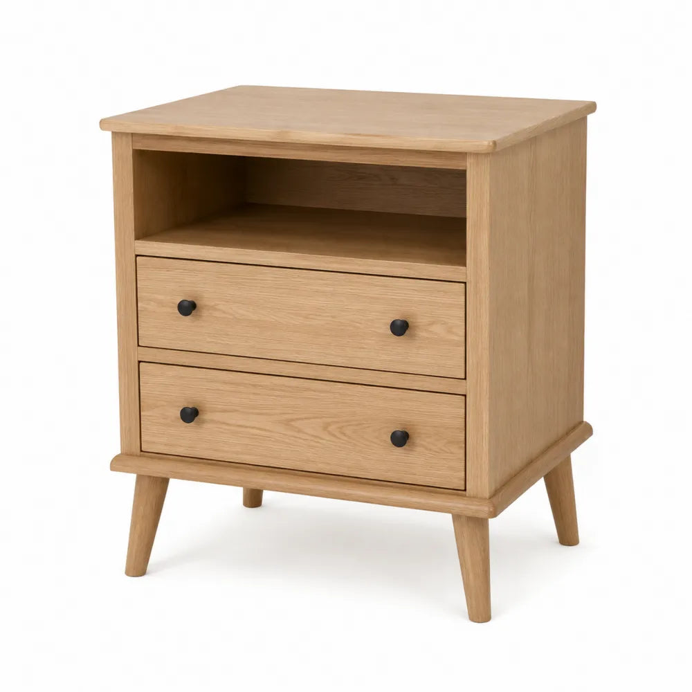Comodino con 2 cassetti e vano aperto in MDF effetto rovere chiaro con gambe in legno massello circa 50 x 40 x 55 cm