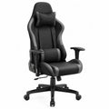Sedia da ufficio gaming girevole regolabile in altezza 118 128 cm rivestimento in pelle PU e tessuto poliestere nero grigio schienale alto con cuscino lombare e poggiatesta base con ruote