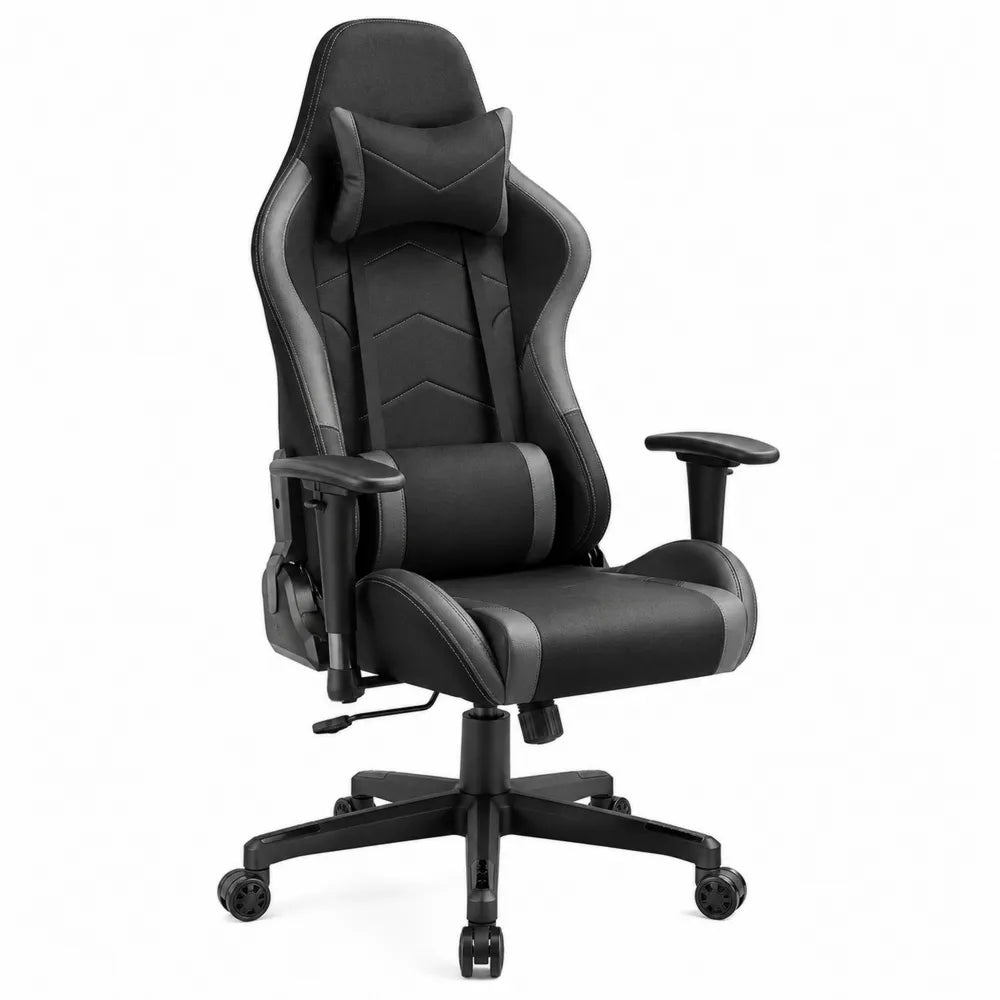 Sedia da ufficio gaming girevole regolabile in altezza 118 128 cm rivestimento in pelle PU e tessuto poliestere nero grigio schienale alto con cuscino lombare e poggiatesta base con ruote